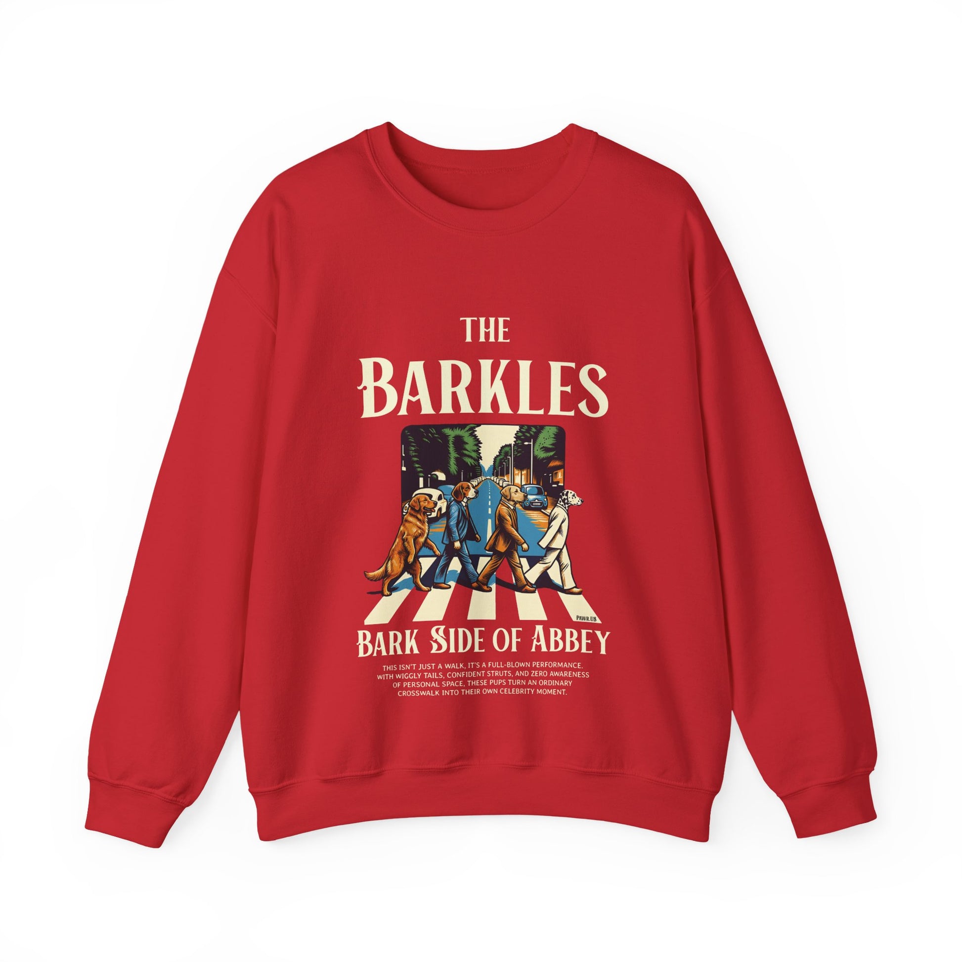 Red sweatshirt with 'The Barkles' graphic design on a white background