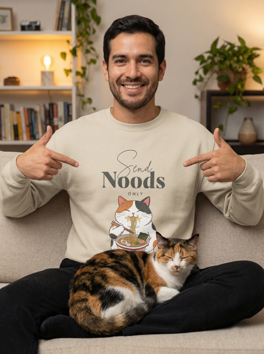 Man wearing send noods only cat sweatshirt in sand color