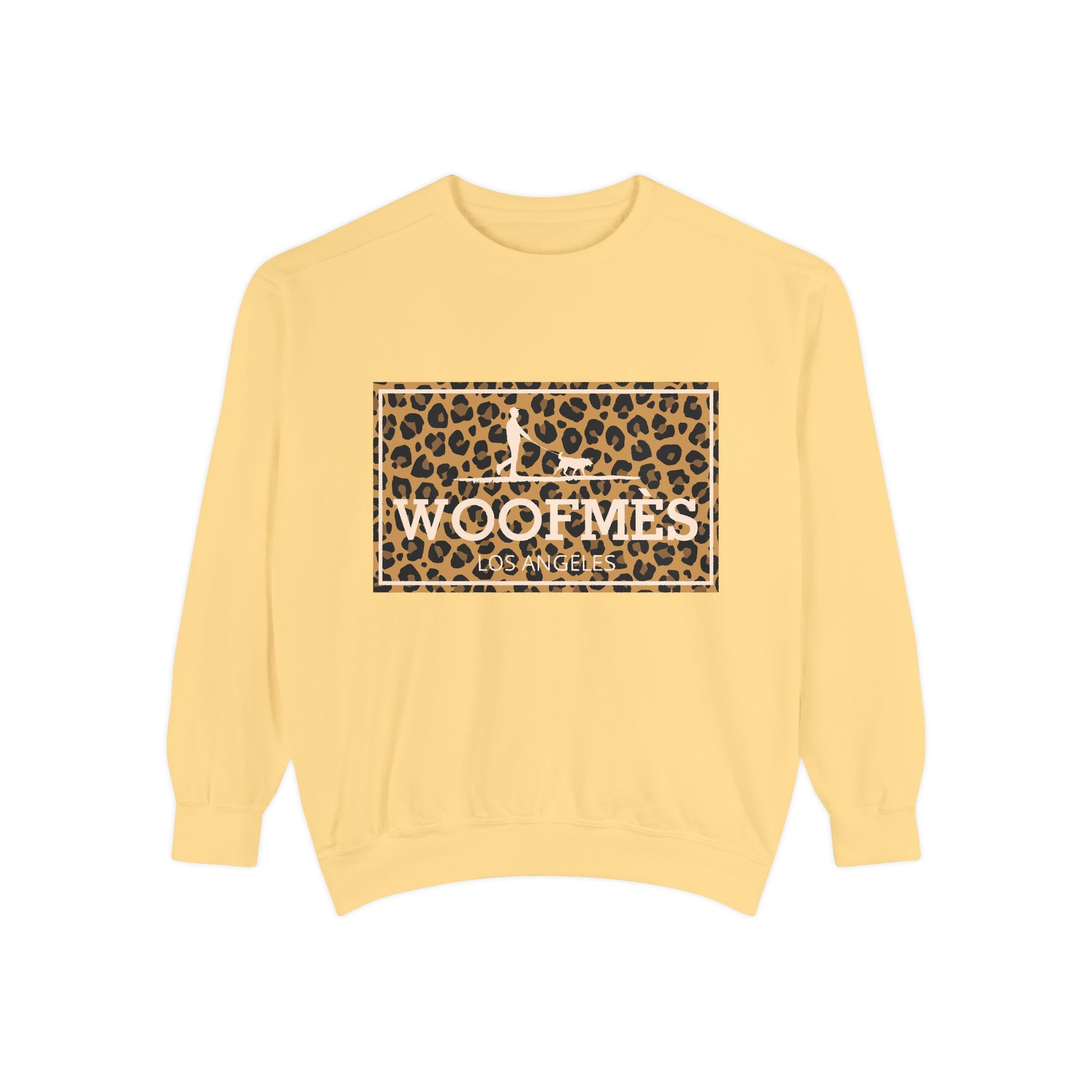 Yellow sweatshirt with a leopard print Woofmes logo on a white background