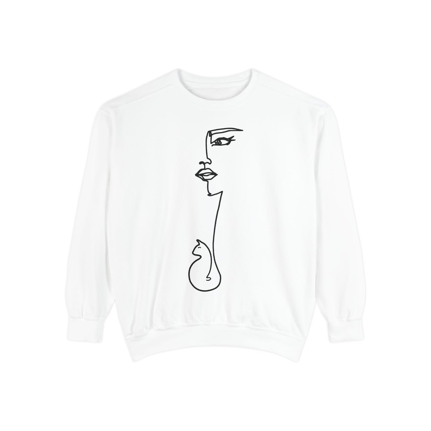 White sweatshirt with a black line art face design on a white background