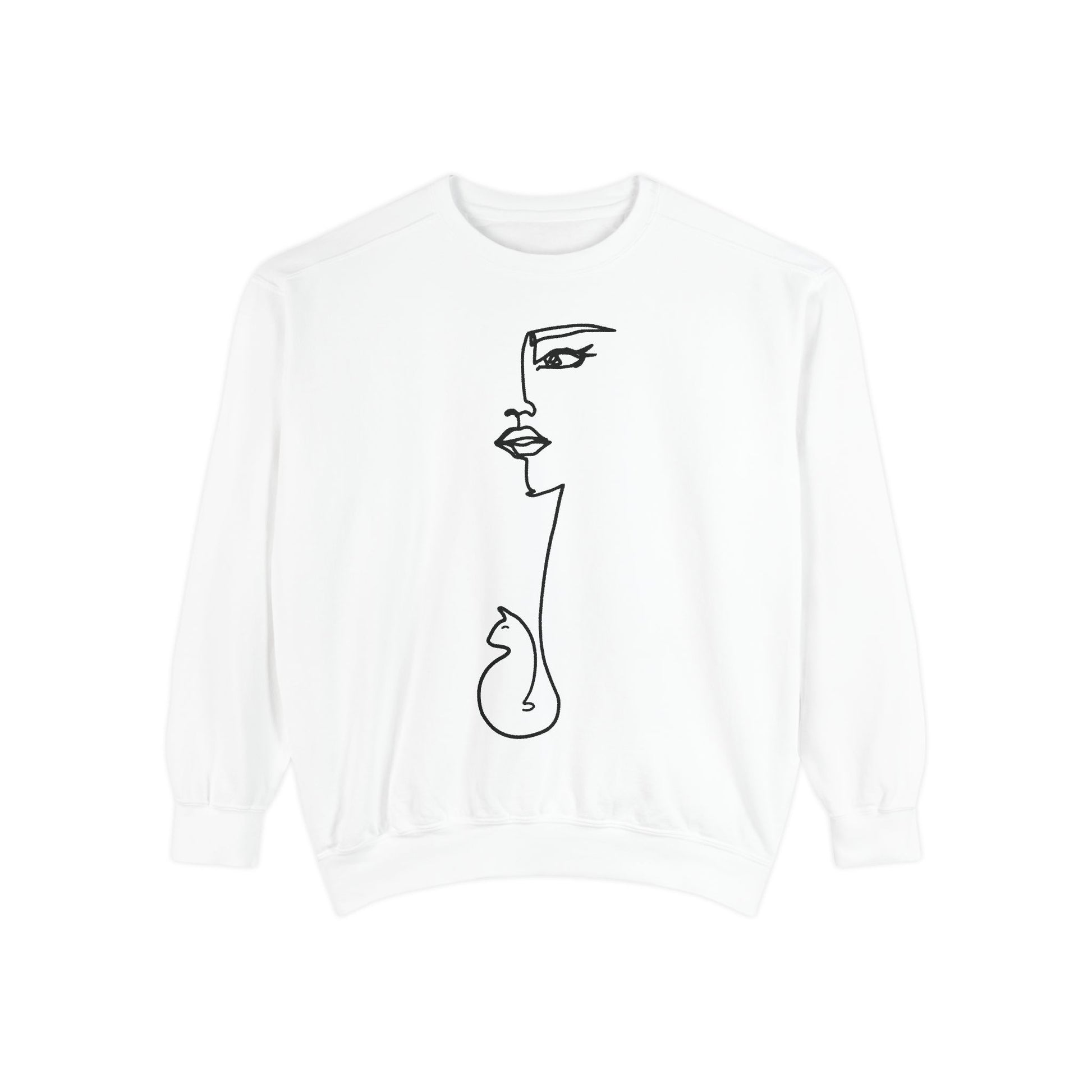 White sweatshirt with a black line art face design on a white background