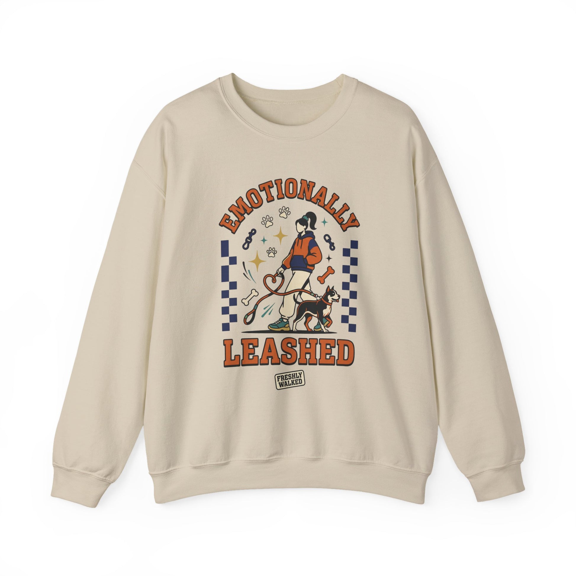 Beige sweatshirt with graphic design and text on a white background for dog lovers