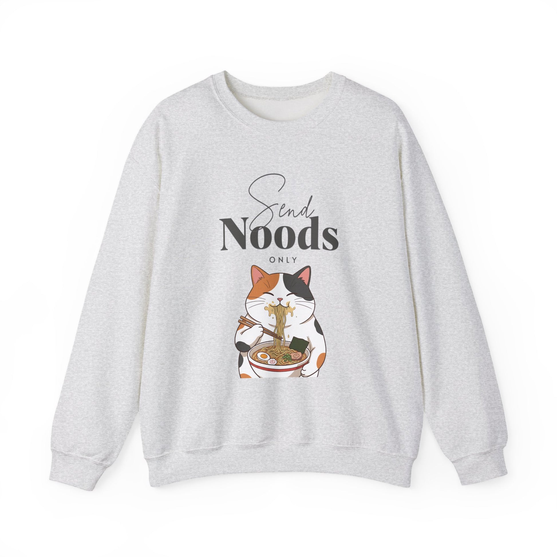 Gray sweatshirt with a cat graphic and 'Send Noods' text on a white background