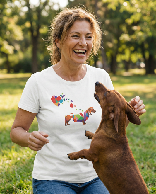 Woman laughing outdoors wearing a white PAWR geometric dog t shirt with a colorful dog and heart design, playing with her dog in a park setting, perfect for dog moms and dog lovers.