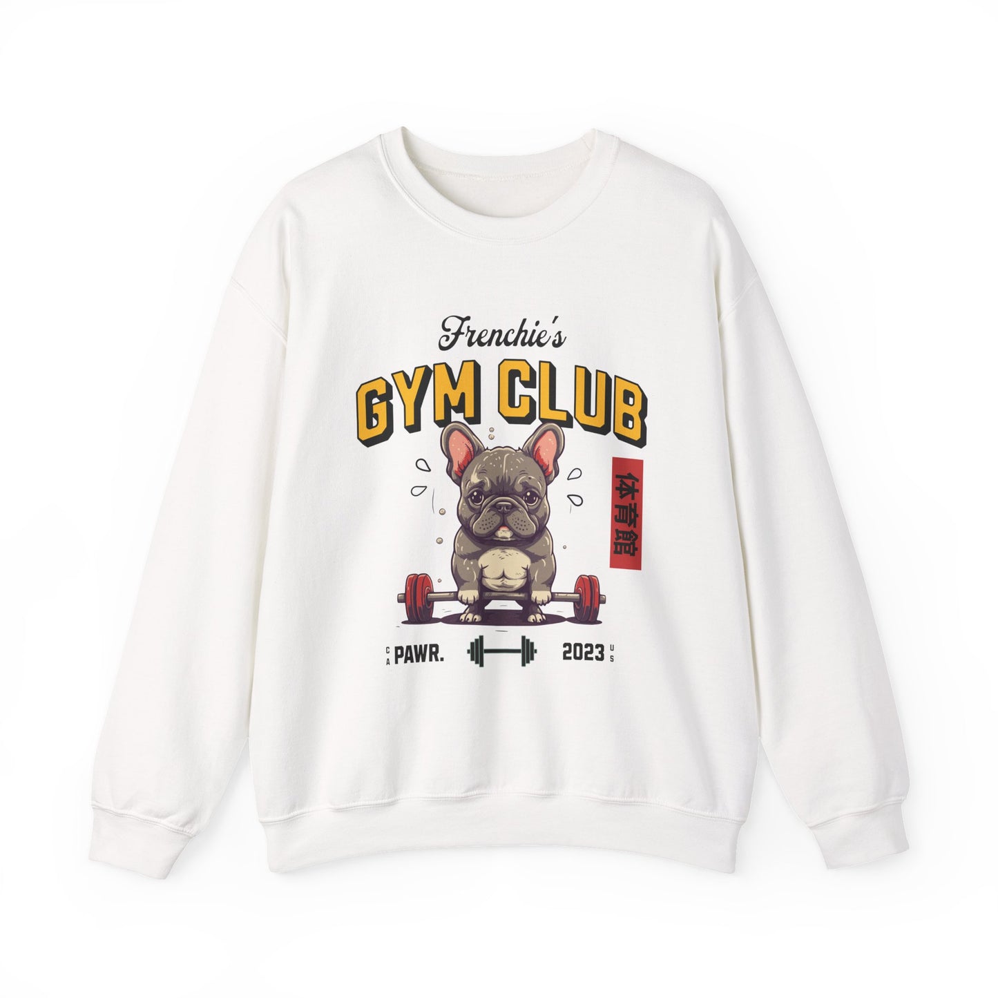 White sweatshirt with 'Frenchie's Gym Club' graphic featuring a bulldog and weights on a white background.