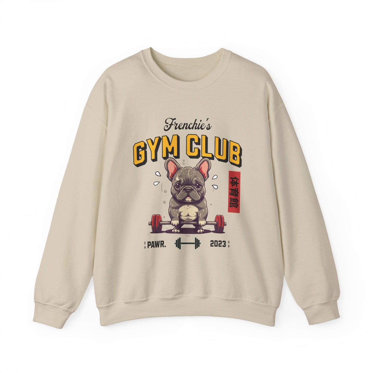 Beige sweatshirt with a bulldog graphic and 'Frenchie's Gym Club' text on a white background