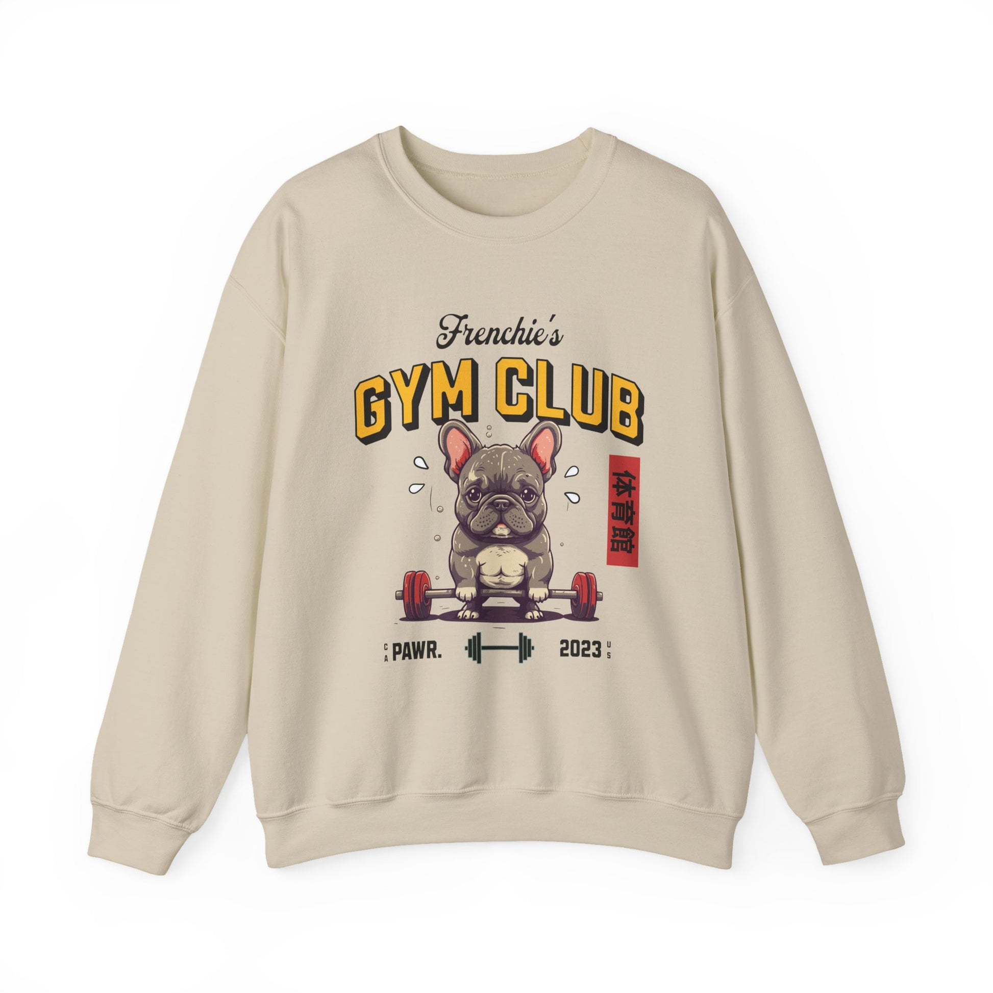 Beige sweatshirt with a bulldog graphic and 'Frenchie's Gym Club' text on a white background