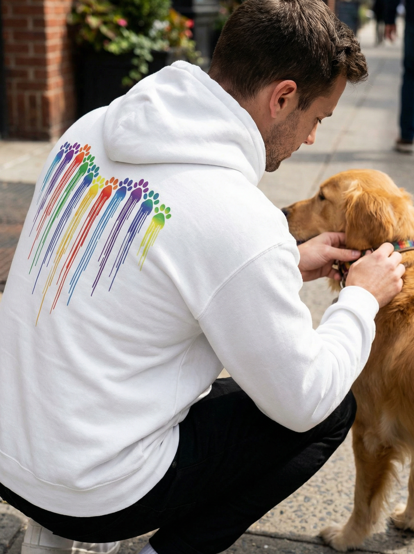 Man wearing white rainbow paw print dog hoodie crouching with golden retriever