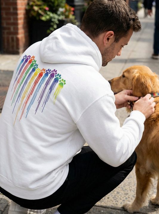 Man wearing white rainbow paw print dog hoodie crouching with golden retriever