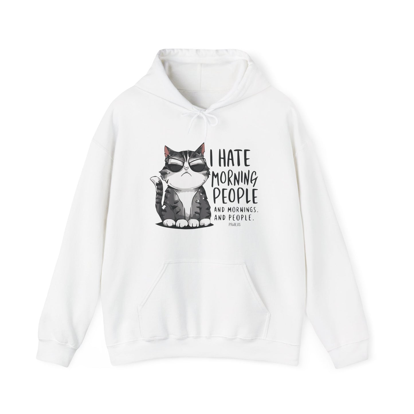 White hoodie with a cat graphic and text on a white background