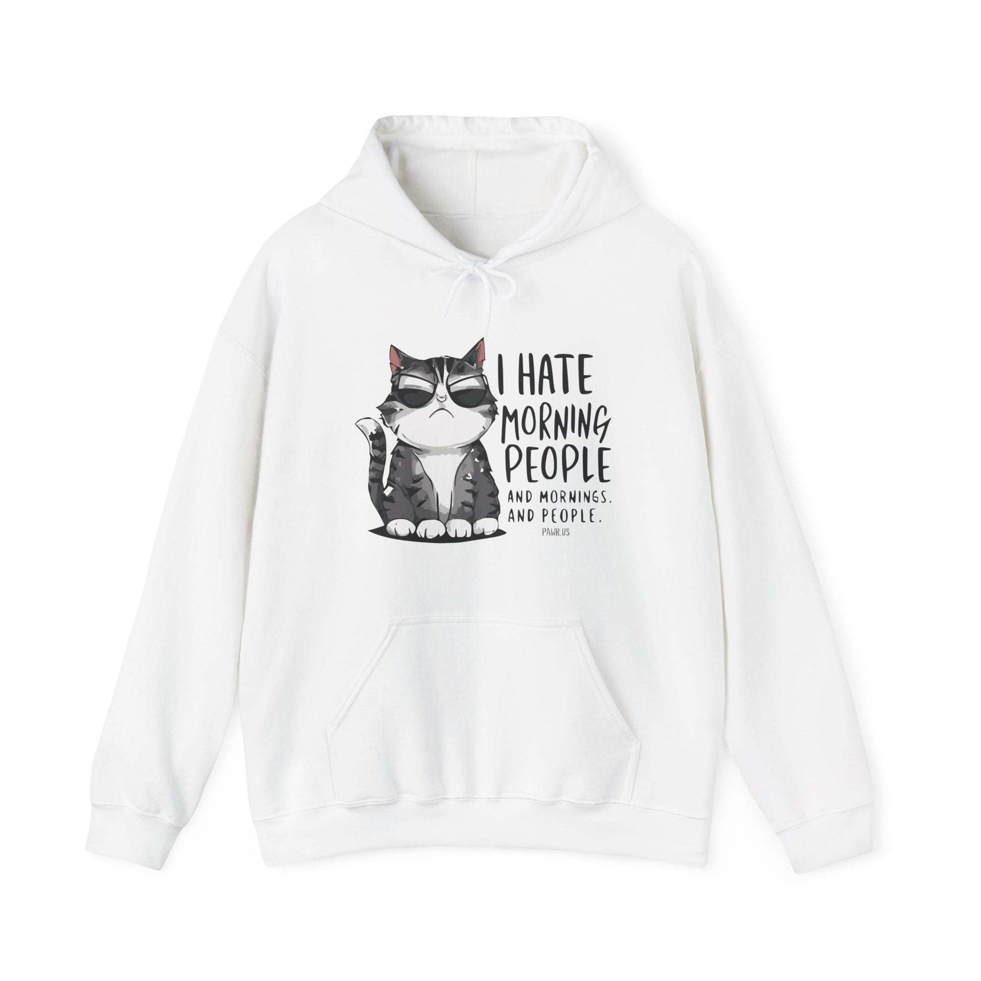 White hoodie with a cat graphic and text on a white background