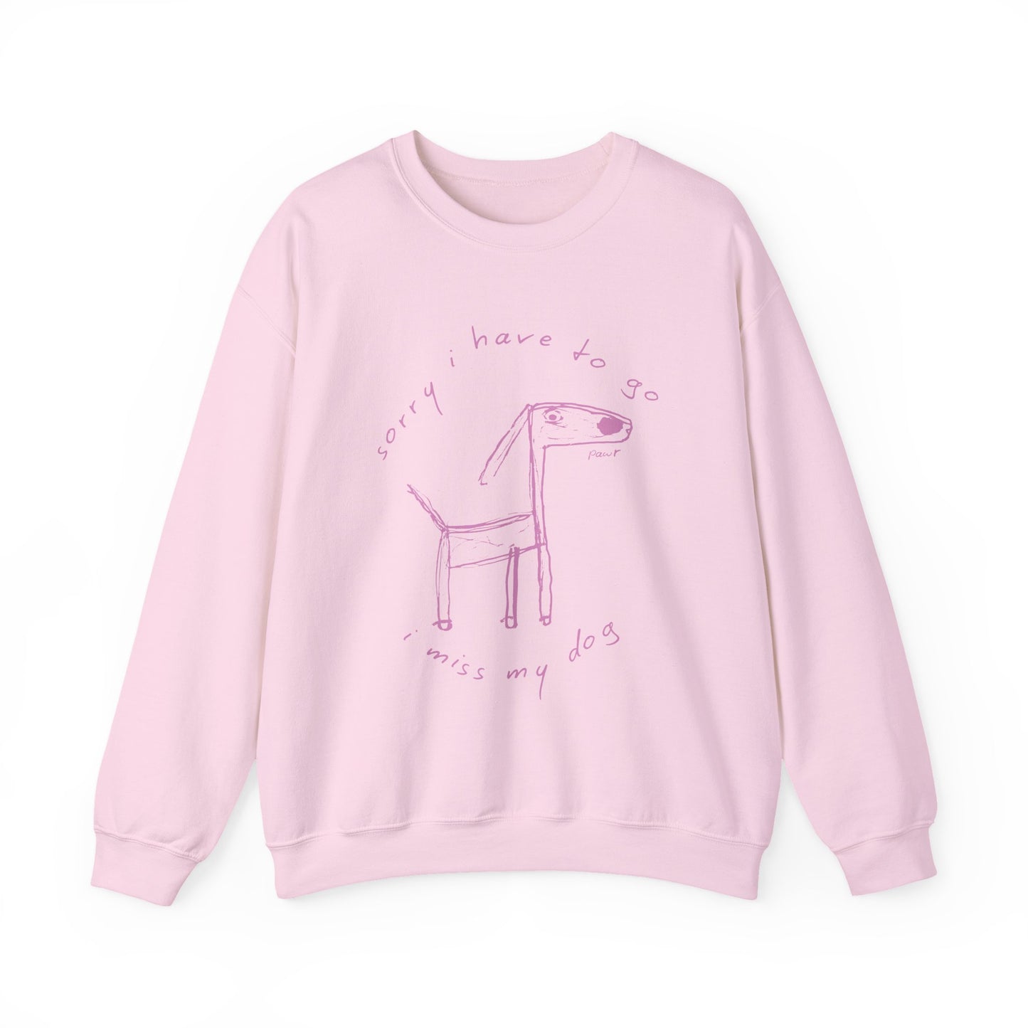 Pink sweatshirt with a dog graphic and text on a white background