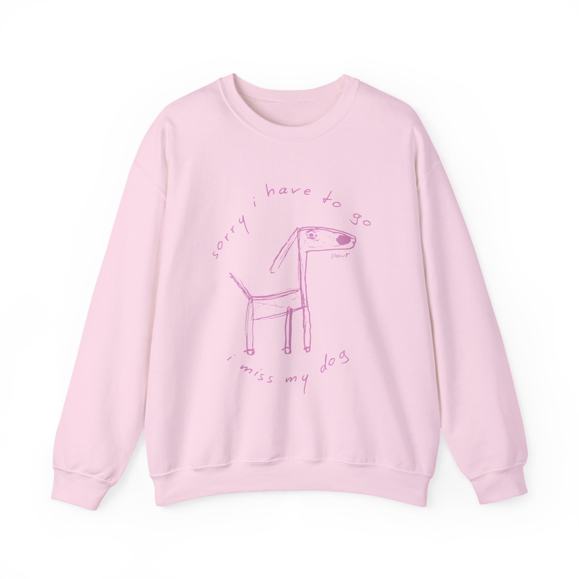 Pink sweatshirt with a dog graphic and text on a white background