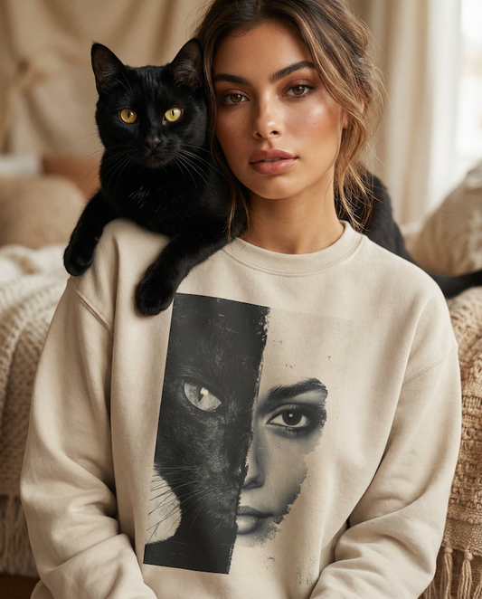 Woman wearing a beige artistic cat lover sweatshirt with a dramatic half cat half human face graphic, posing indoors with a black cat on her shoulder, showcasing premium PAWR cat apparel for cat moms and cat lovers.