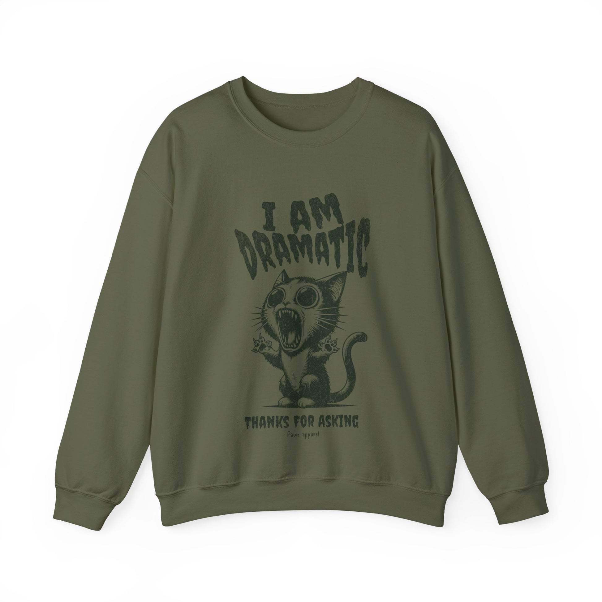 Green sweatshirt with a graphic of a cat and text on a white background