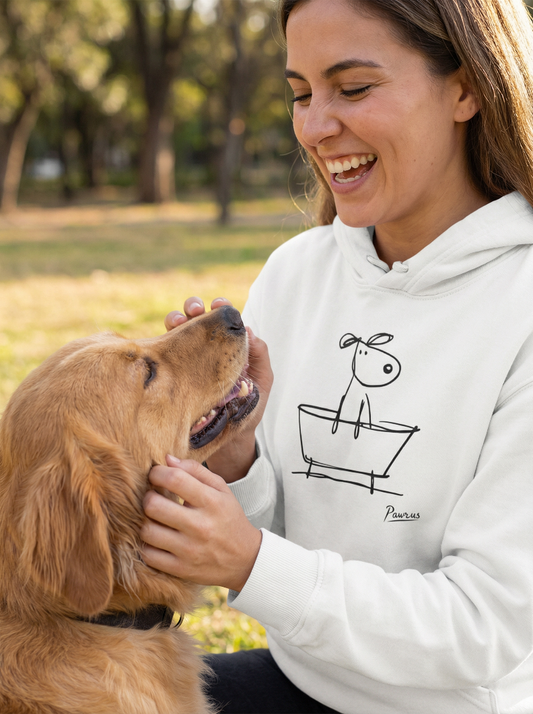 Dog lover sweatshirt with minimalist bathtub dog illustration