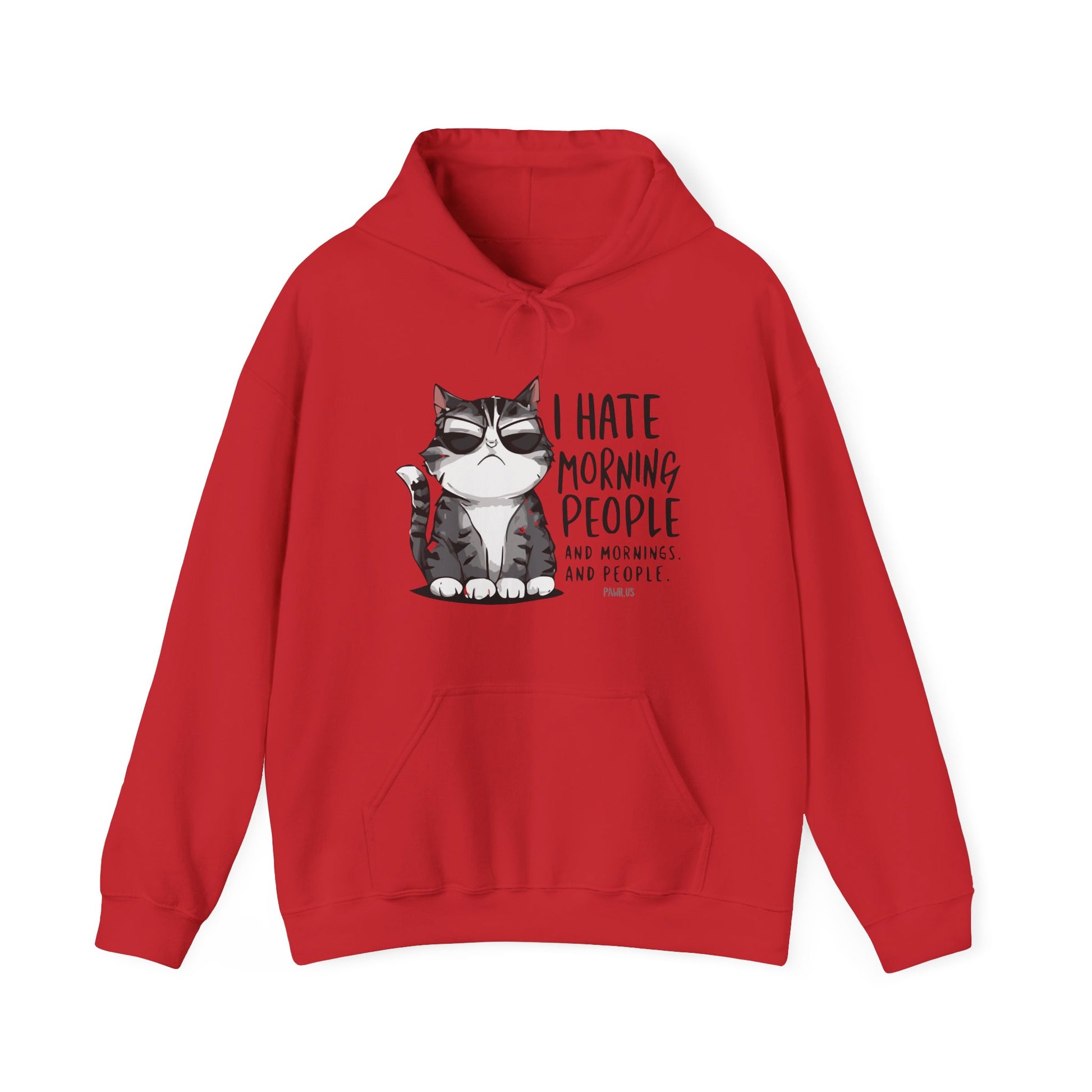 Red hoodie with a cat graphic and text on a white background