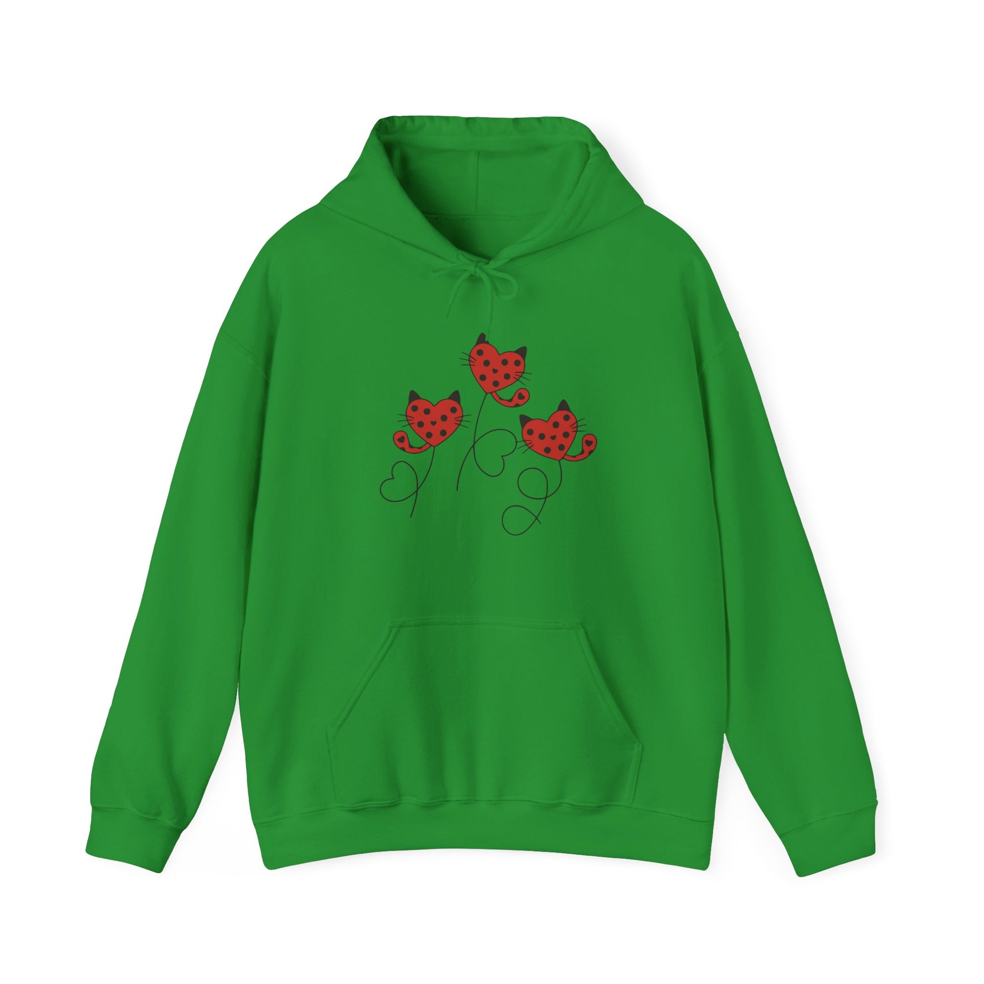 Green hoodie with red and black cat design on a white background