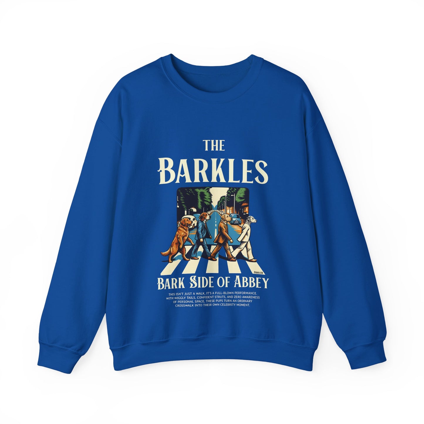 Blue sweatshirt with 'The Barkles' design on a white background