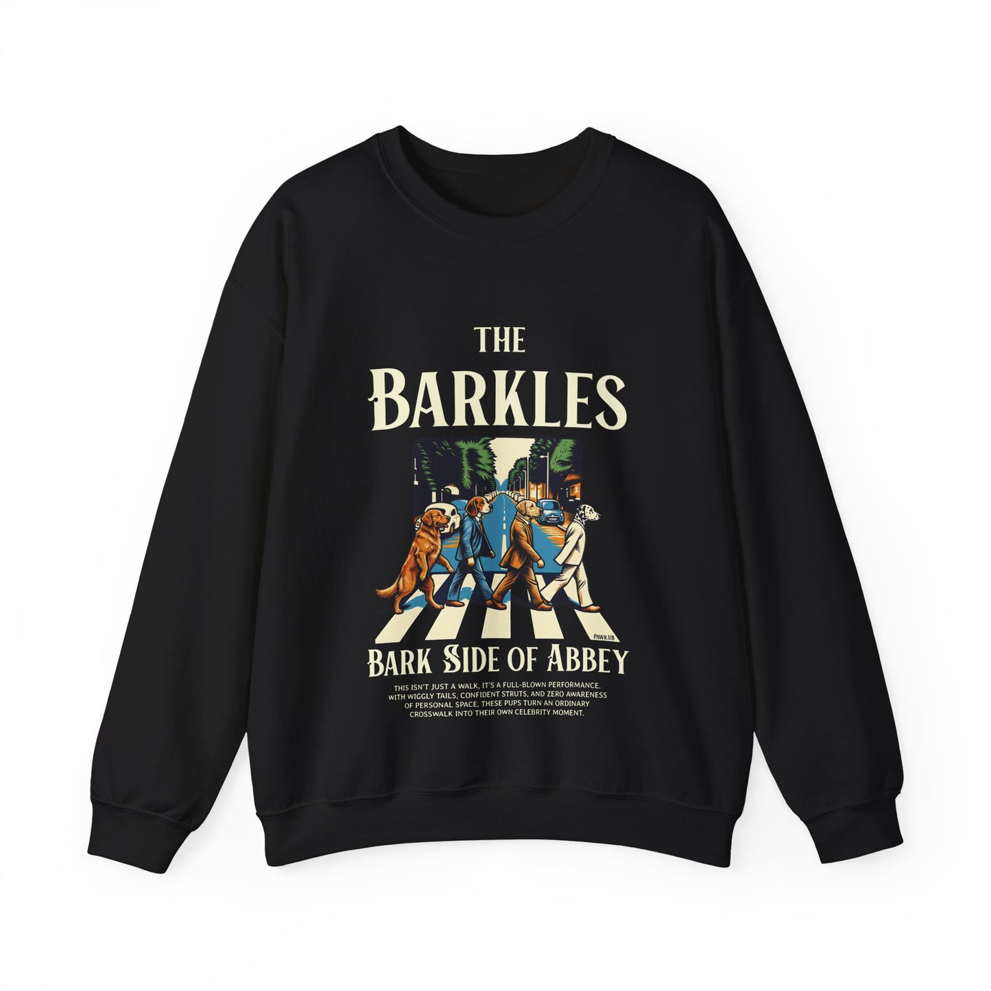 Black sweatshirt with 'The Barkles' design on a white background