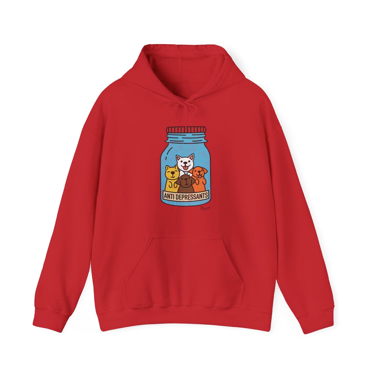 Red hoodie with a graphic dogs in a jar labeled 'Anti Depressants' on a white background