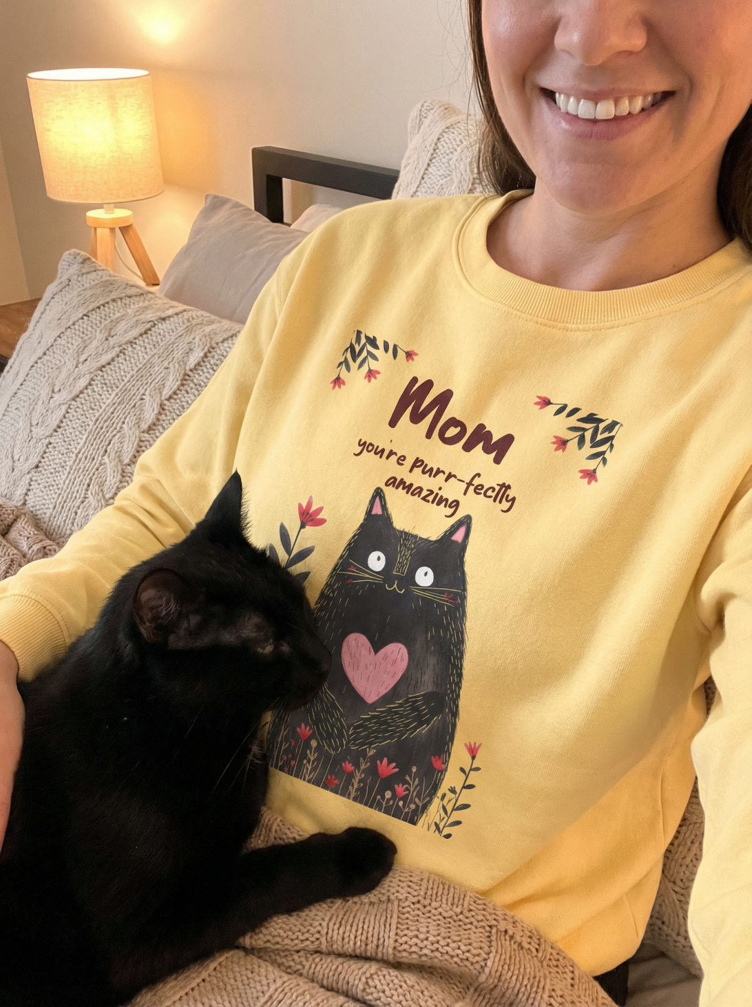 Woman wearing yellow mom you’re purr-fect cat sweatshirt cuddling black cat