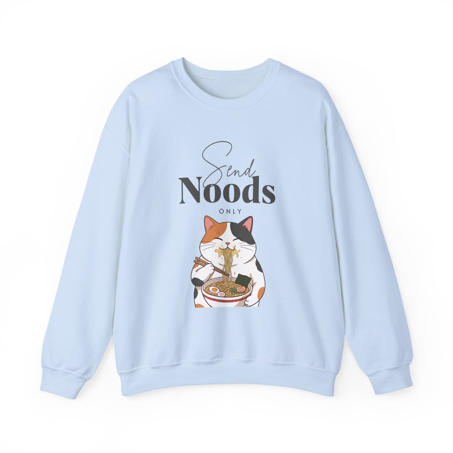 Light blue sweatshirt with a cat eating noodles graphic and 'Send Noods' text on a white background