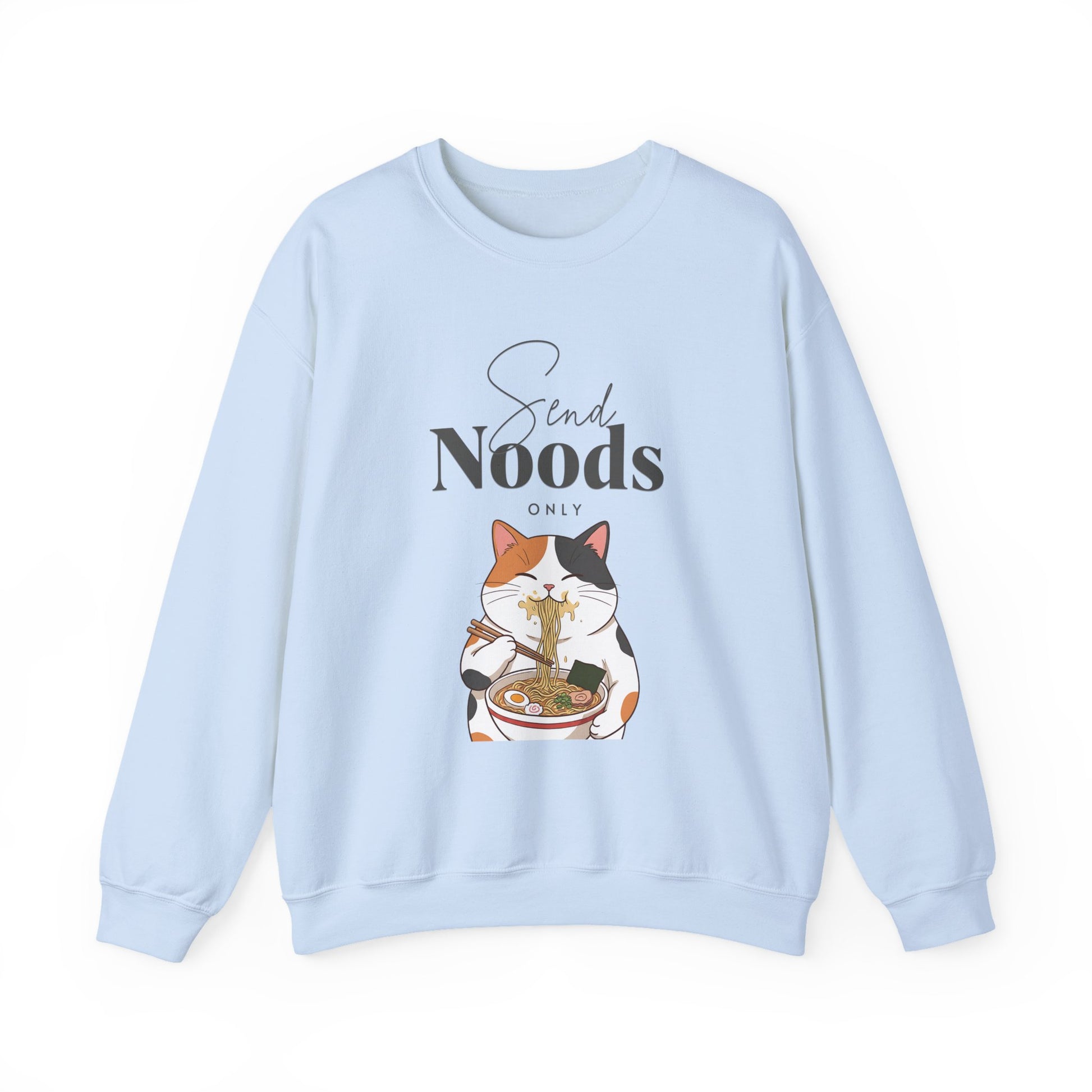 Light blue sweatshirt with a cat eating noodles graphic and 'Send Noods' text on a white background