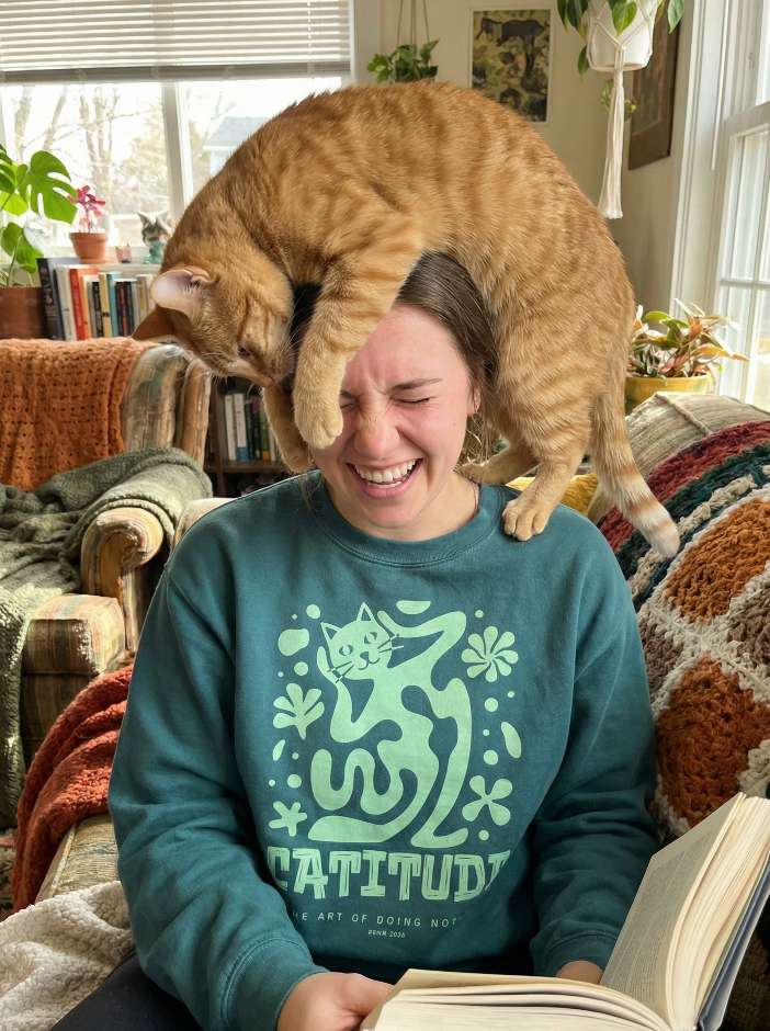 girl wearing catastrophe shirt playing with her cat