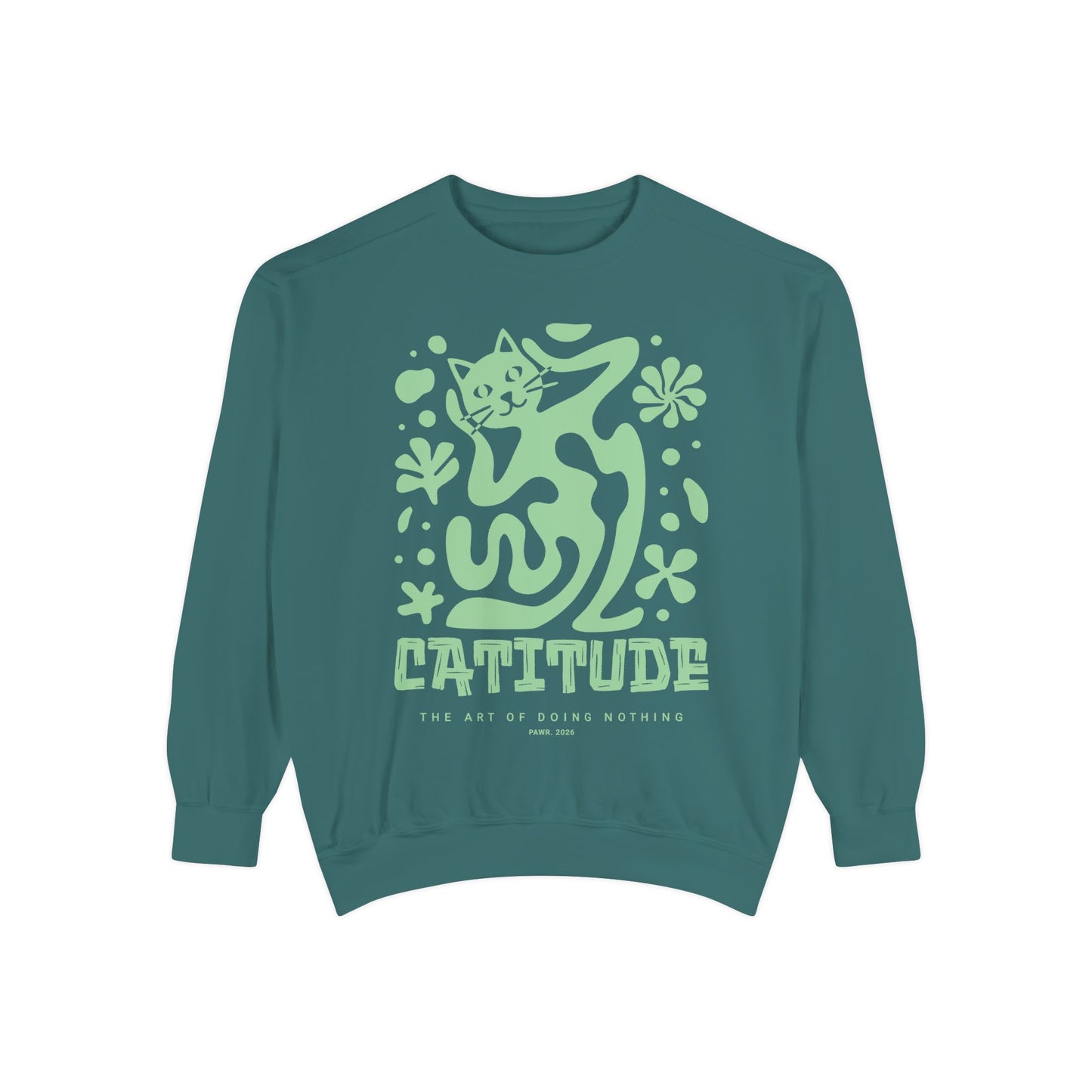 Teal sweatshirt with a cat graphic and 'Catitude' text on a white background