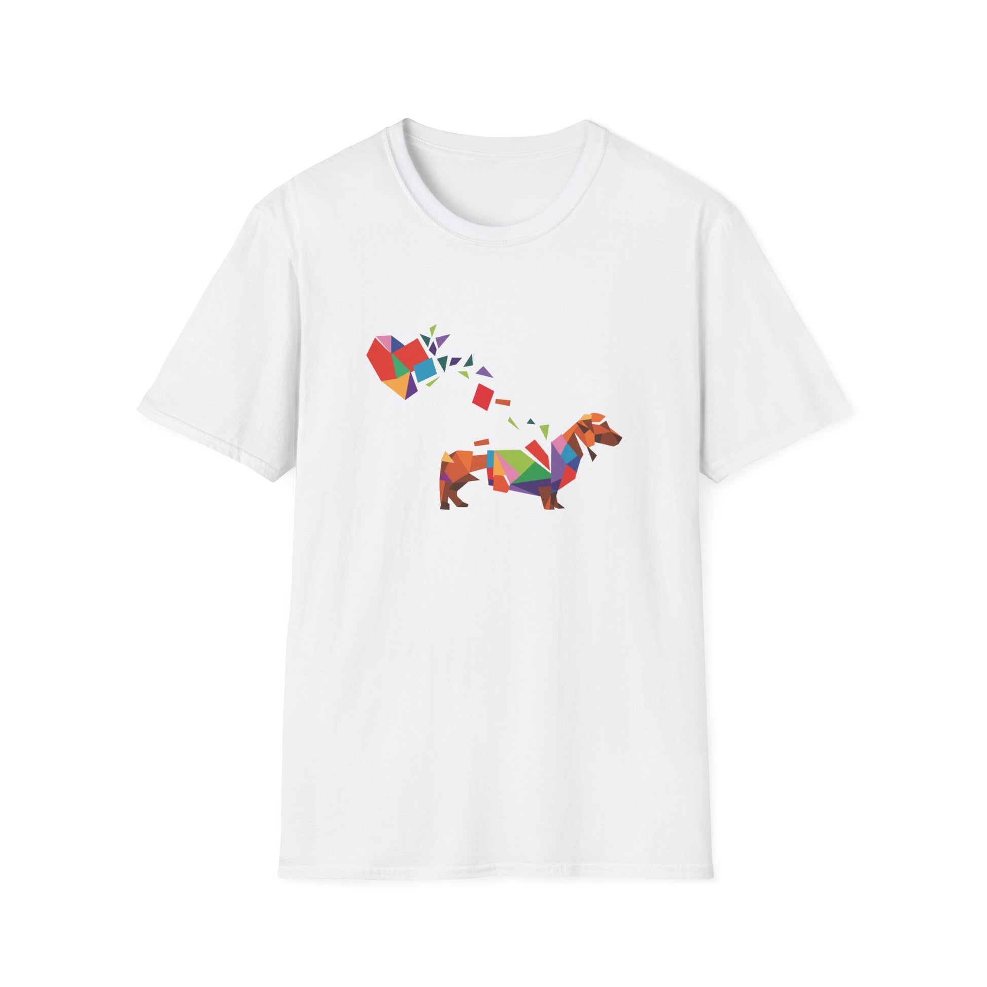 White t-shirt with a colorful dog design on a white background
