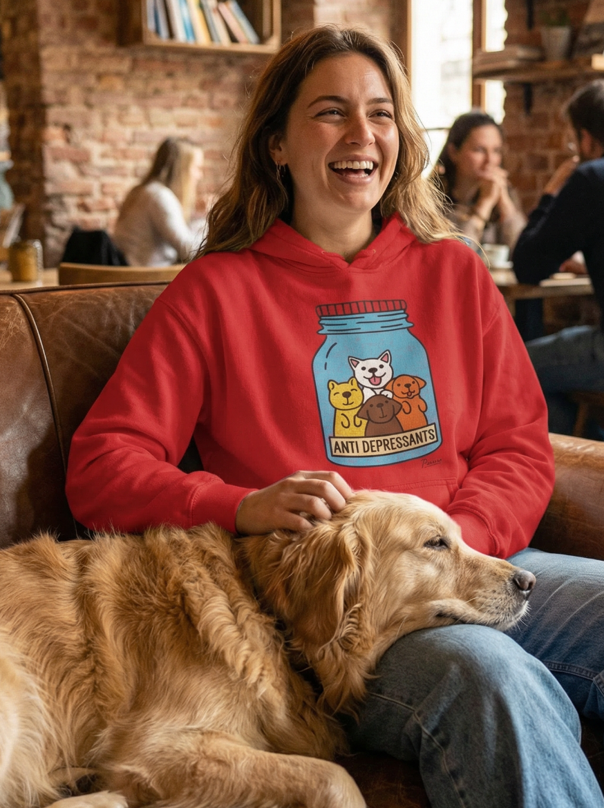 Woman laughing in a cozy café wearing red Anti-Depressants dog hoodie while her golden retriever sleeps on her lap in a leather chair.