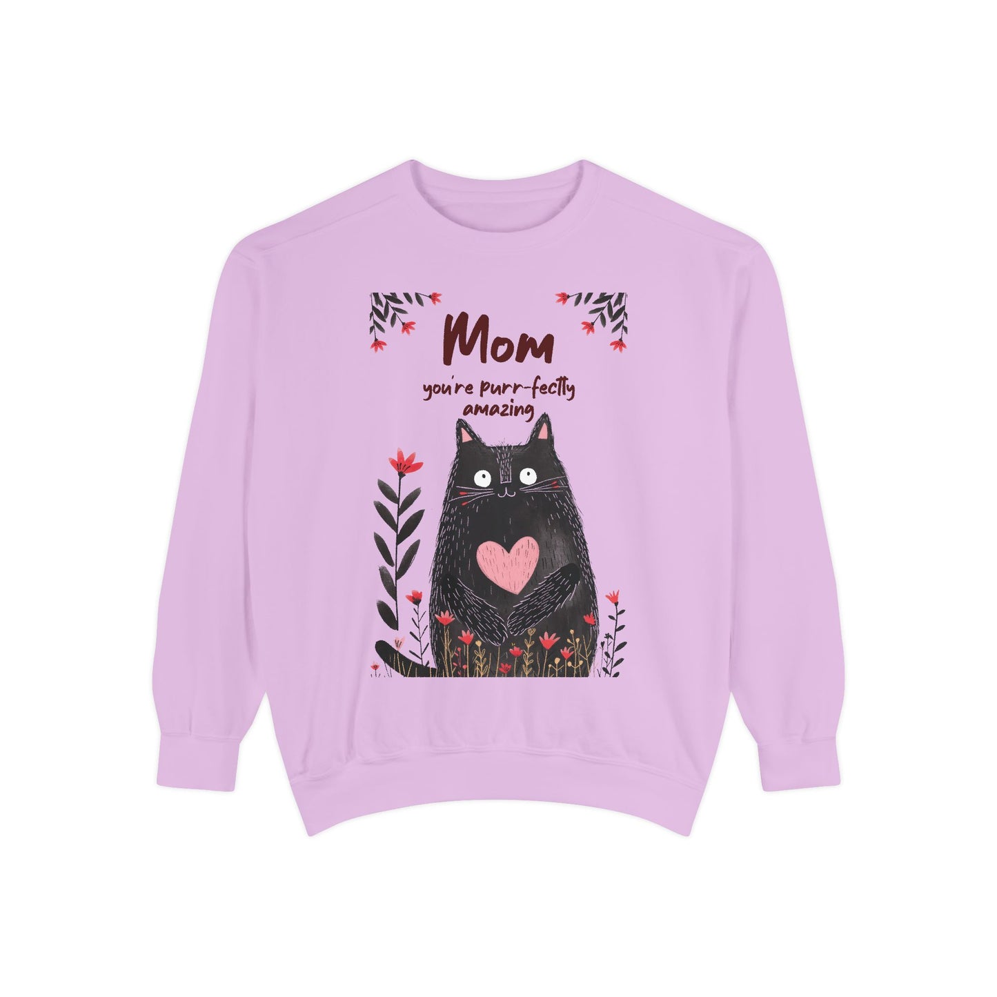 Purple sweatshirt with a black cat graphic and text on a white background