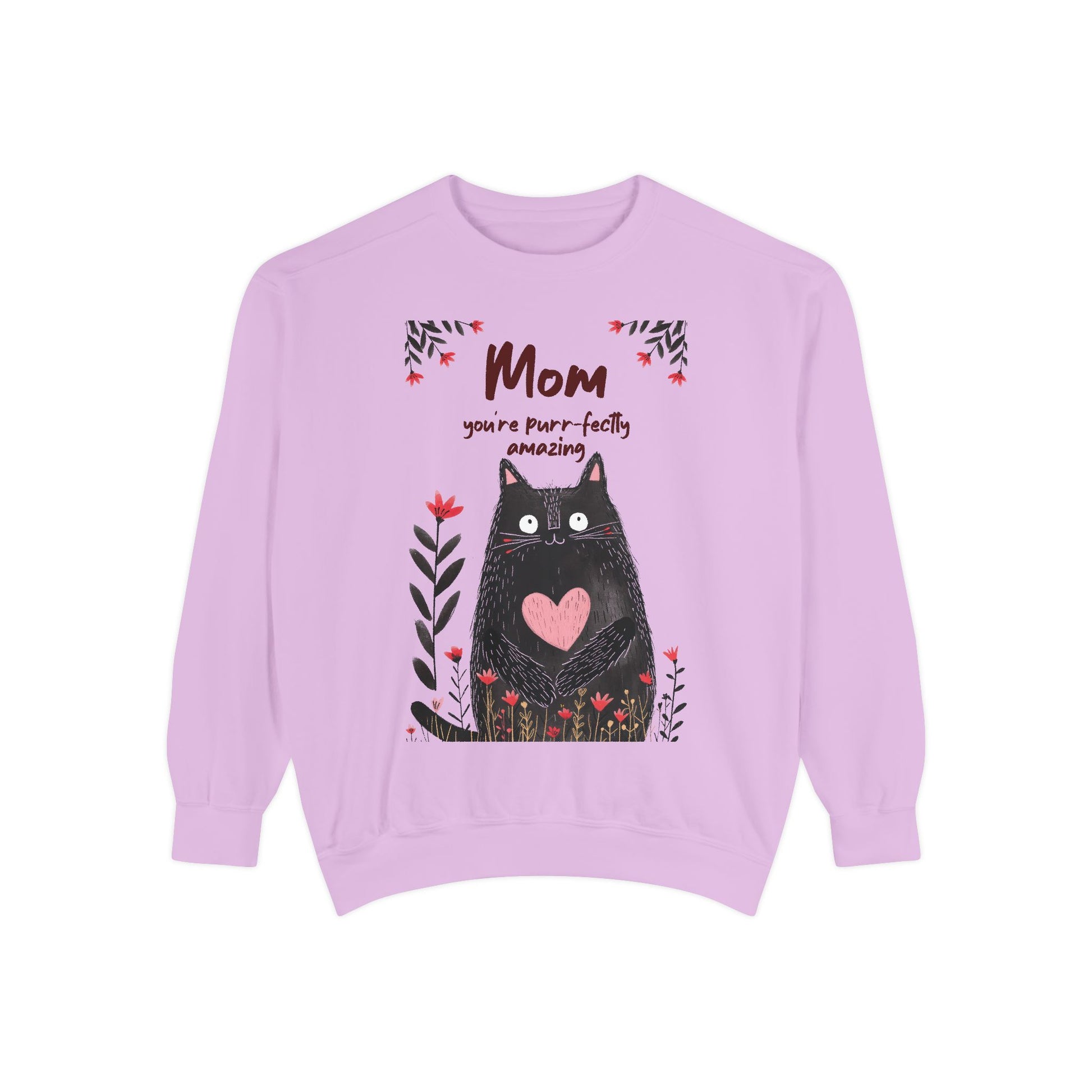Purple sweatshirt with a black cat graphic and text on a white background