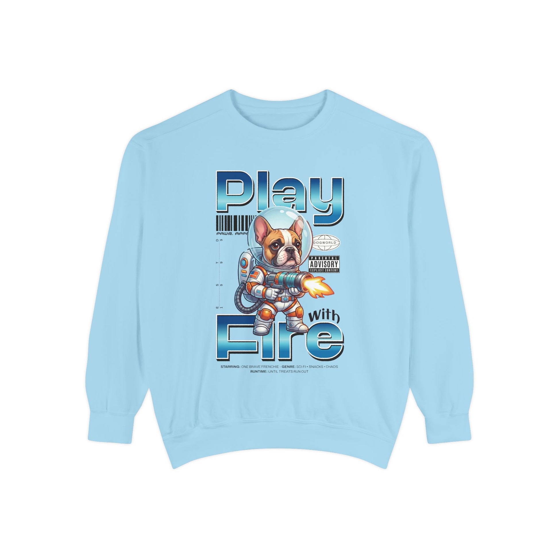 Light blue sweatshirt with a graphic of a dog and text 'Play with Fire' on a white background