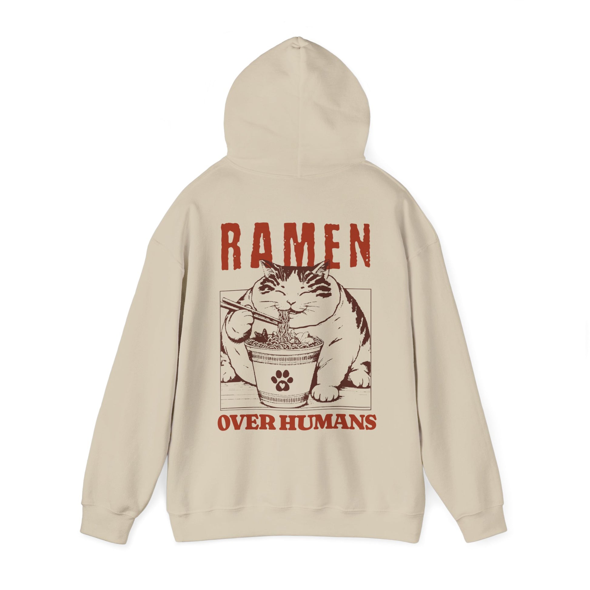Beige hoodie with a graphic of a cat eating ramen and text 'RAMEN OVER HUMANS' on a white background
