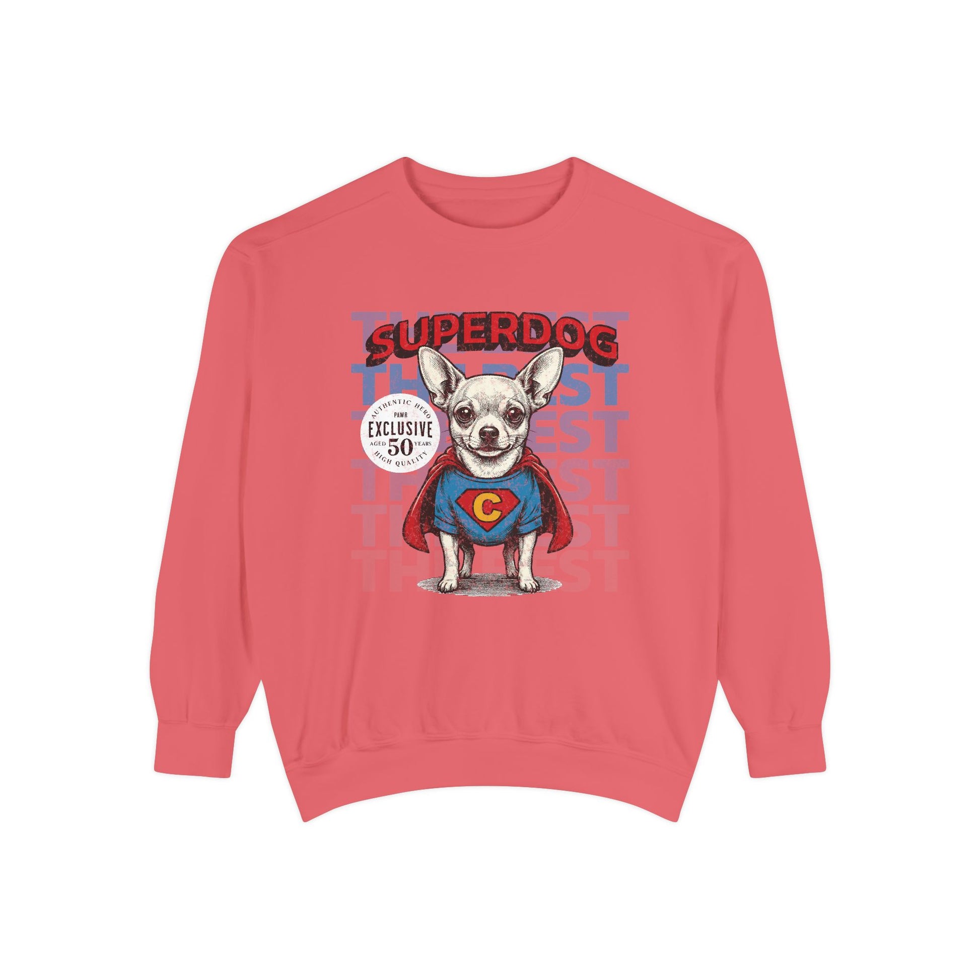 Red sweatshirt with a dog in a superhero costume graphic on a white background