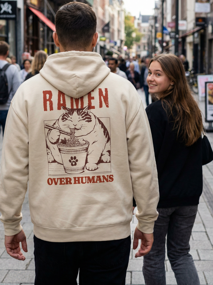 Funny cat ramen graphic sweatshirt street style lifestyle