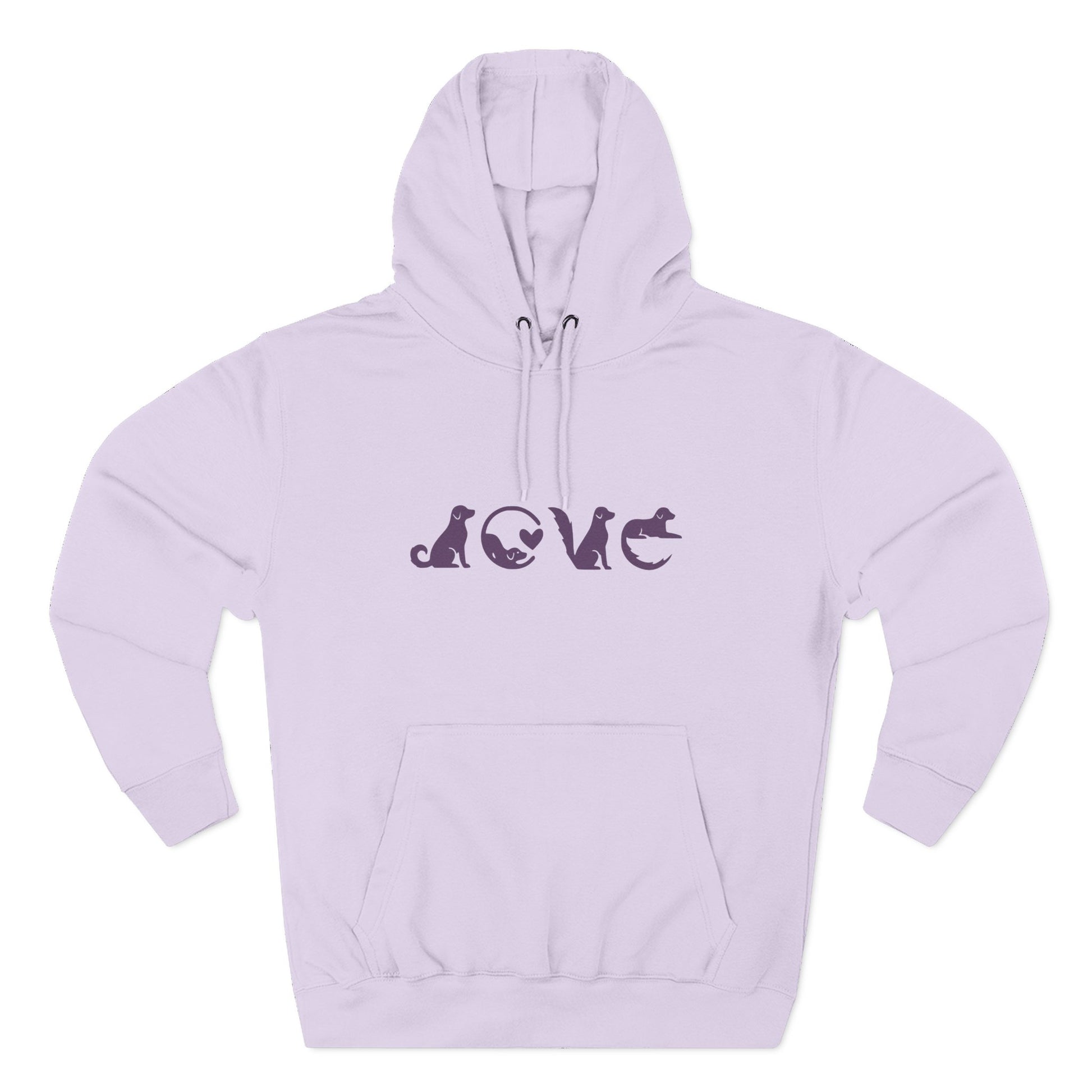 Light purple hoodie with 'LOVE' design on a white background
