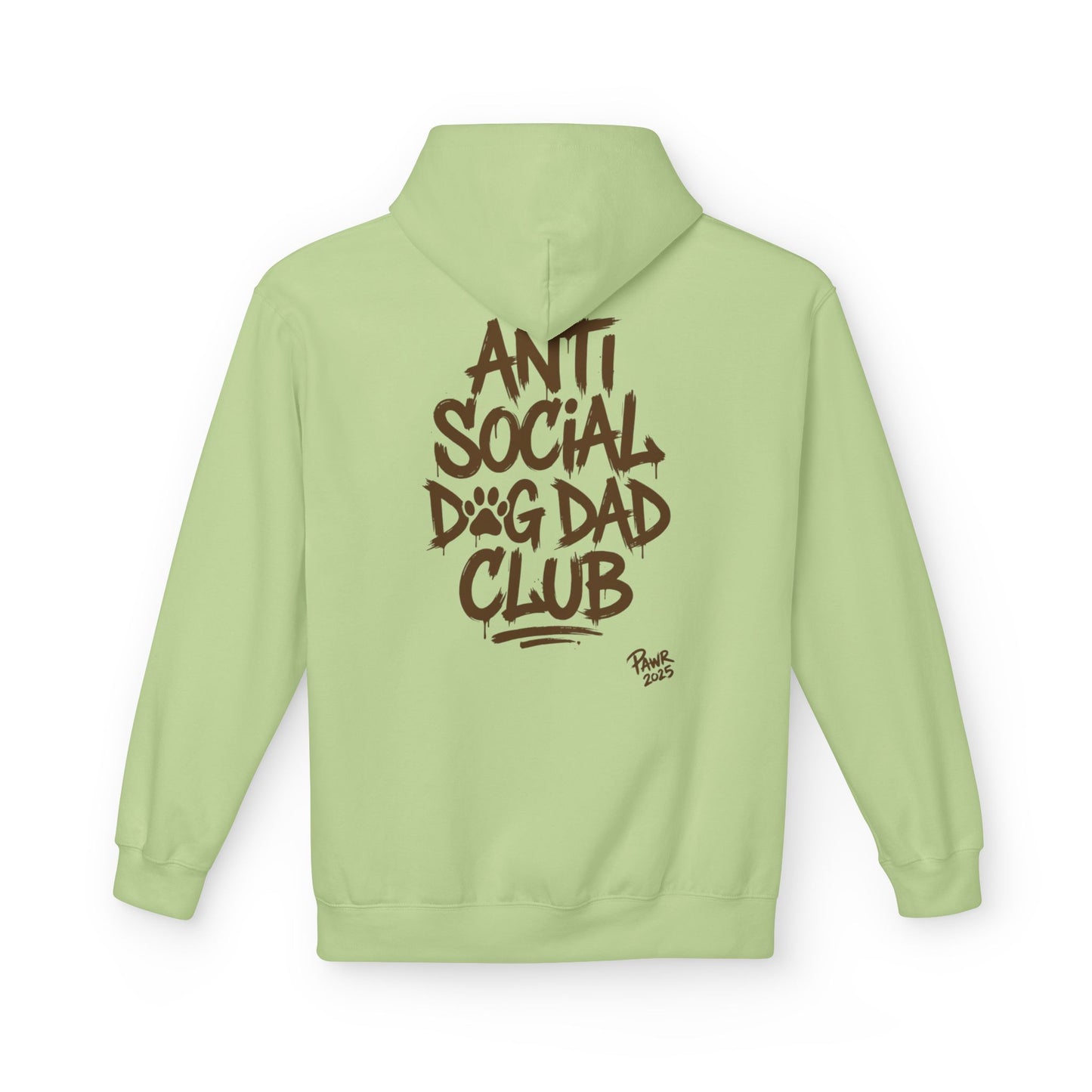 Light green hoodie with 'Anti Social Dog Dad Club' text on the back against a white background