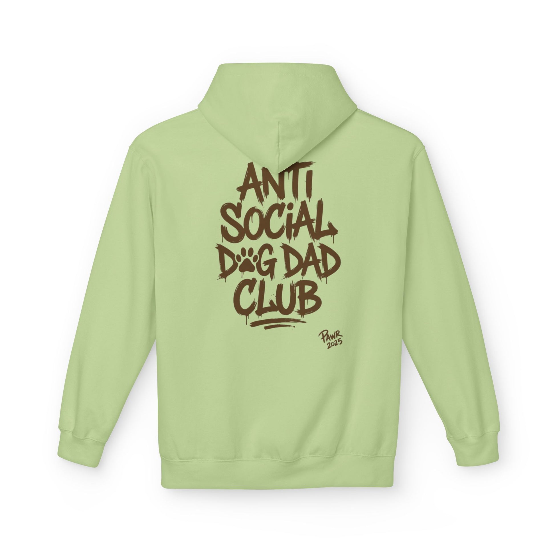 Light green hoodie with 'Anti Social Dog Dad Club' text on the back against a white background