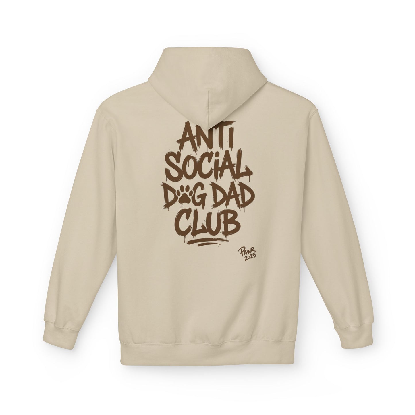 Beige hoodie with 'Anti Social Dog Dad Club' text on the back against a white background