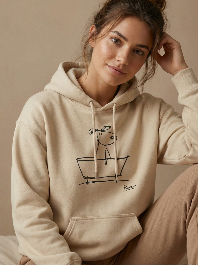 girl wearing hoodie with minimalist dog drawing