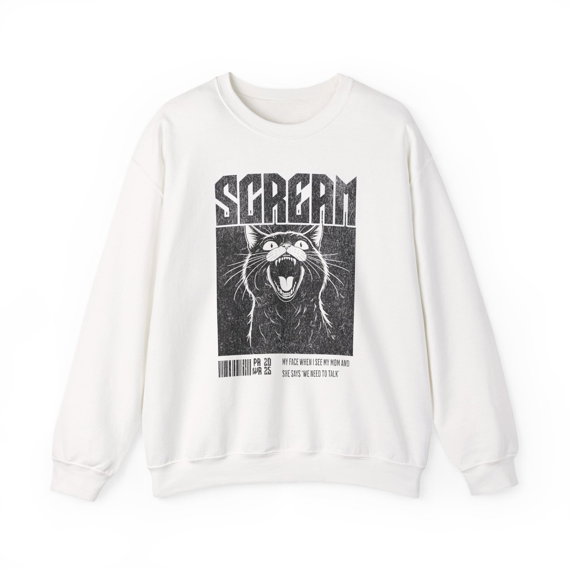 White sweatshirt with black graphic design of a cat and 'SCREAM' text on a white background