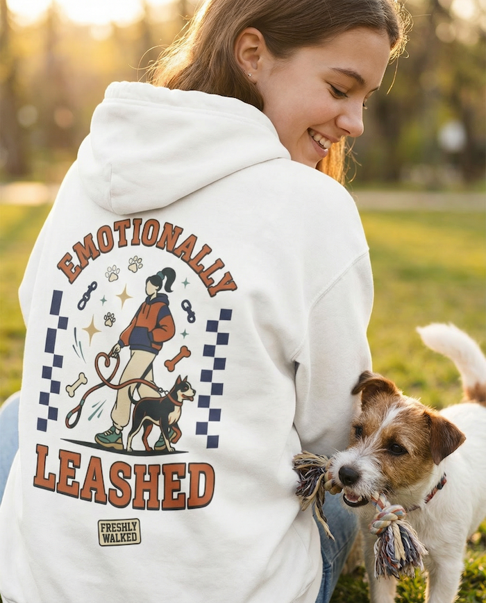 Person wearing a white PAWR Emotionally Leashed dog hoodie with a dog-walking illustration on the back, smiling outdoors while playing with a dog in a park setting.