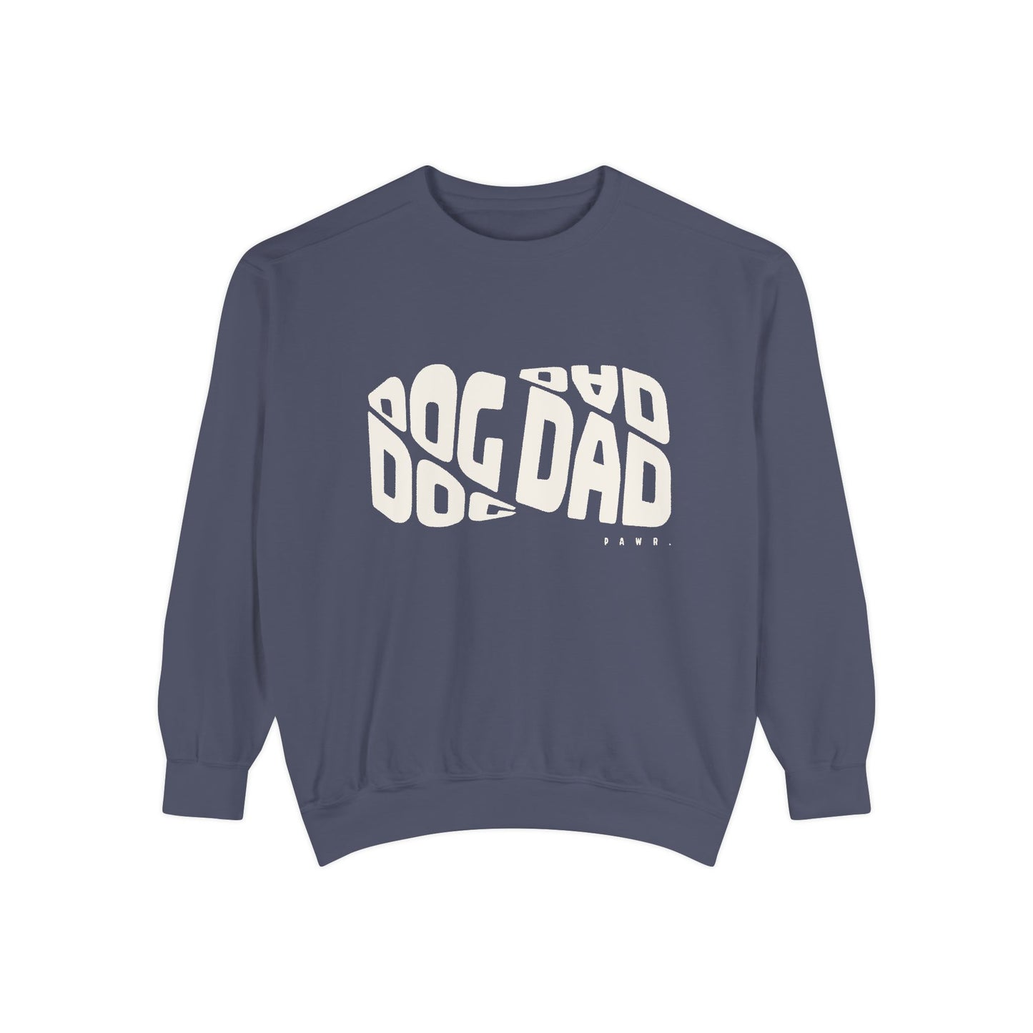Navy blue sweatshirt with 'DAD' text on a white background