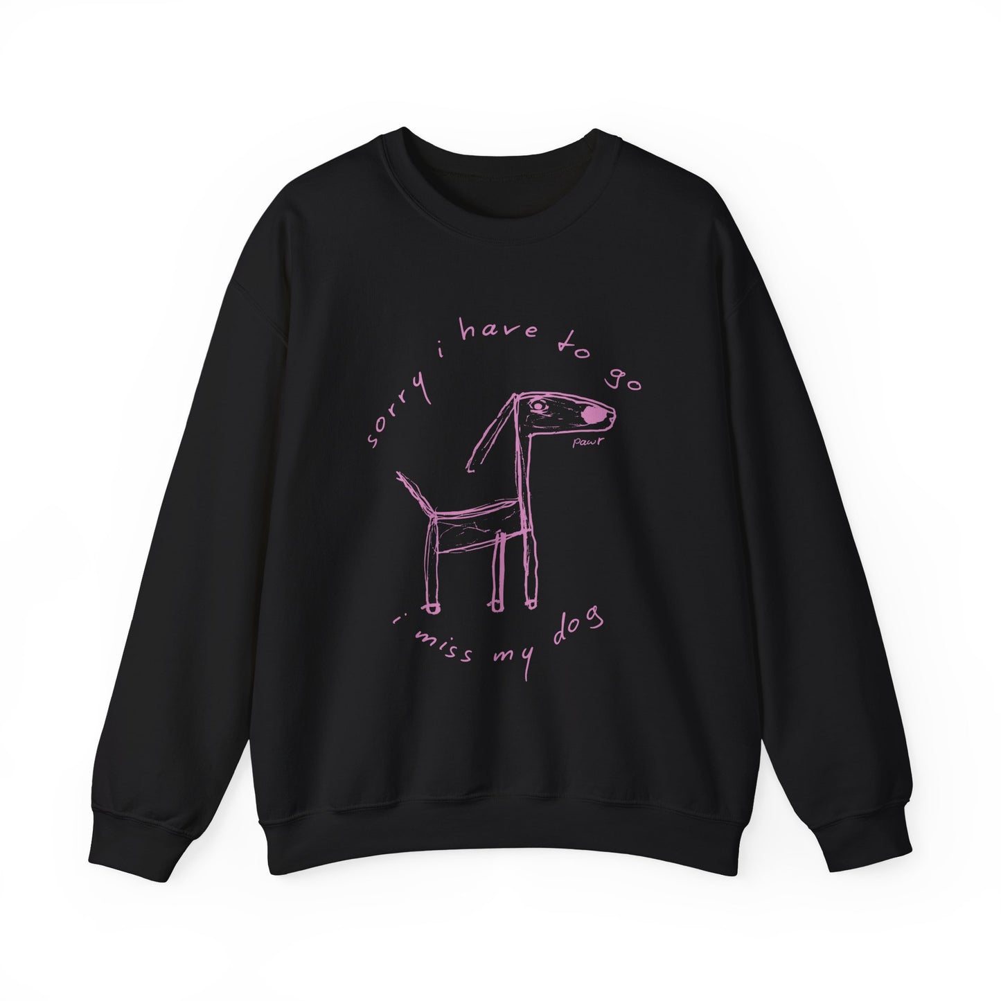 Black sweatshirt with pink graphic of a dog and text on a white background