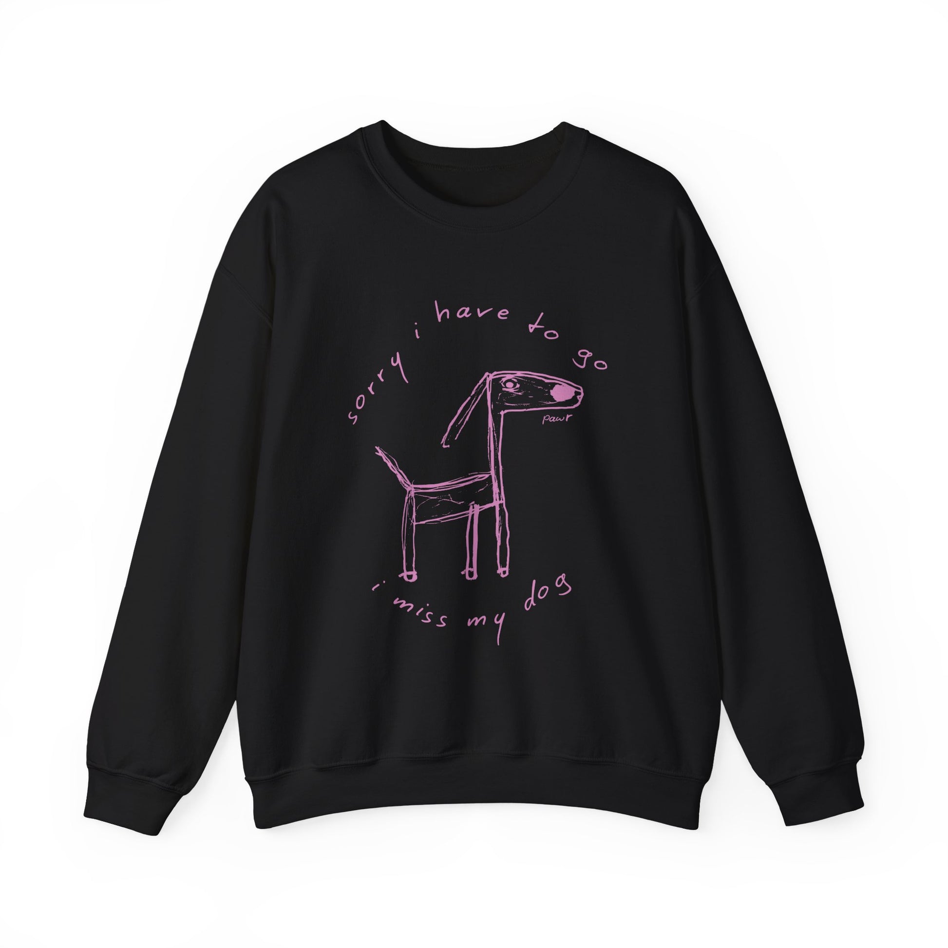 Black sweatshirt with pink graphic of a dog and text on a white background
