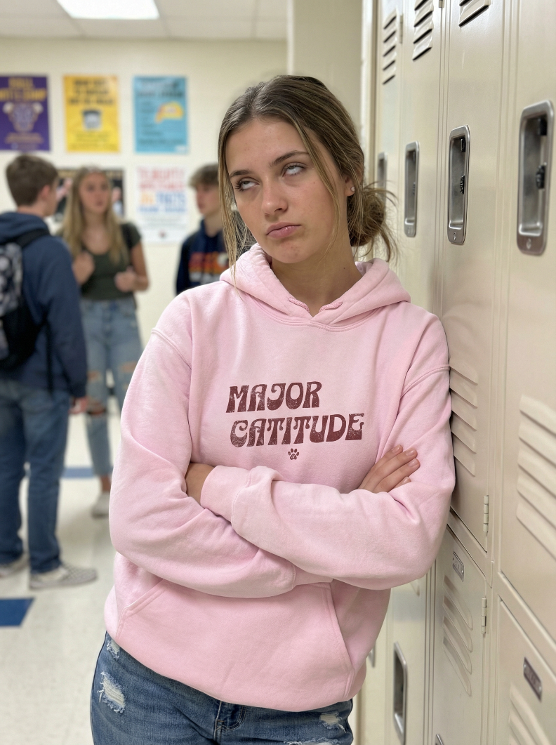 girl wearing major catitude hoodie in school
