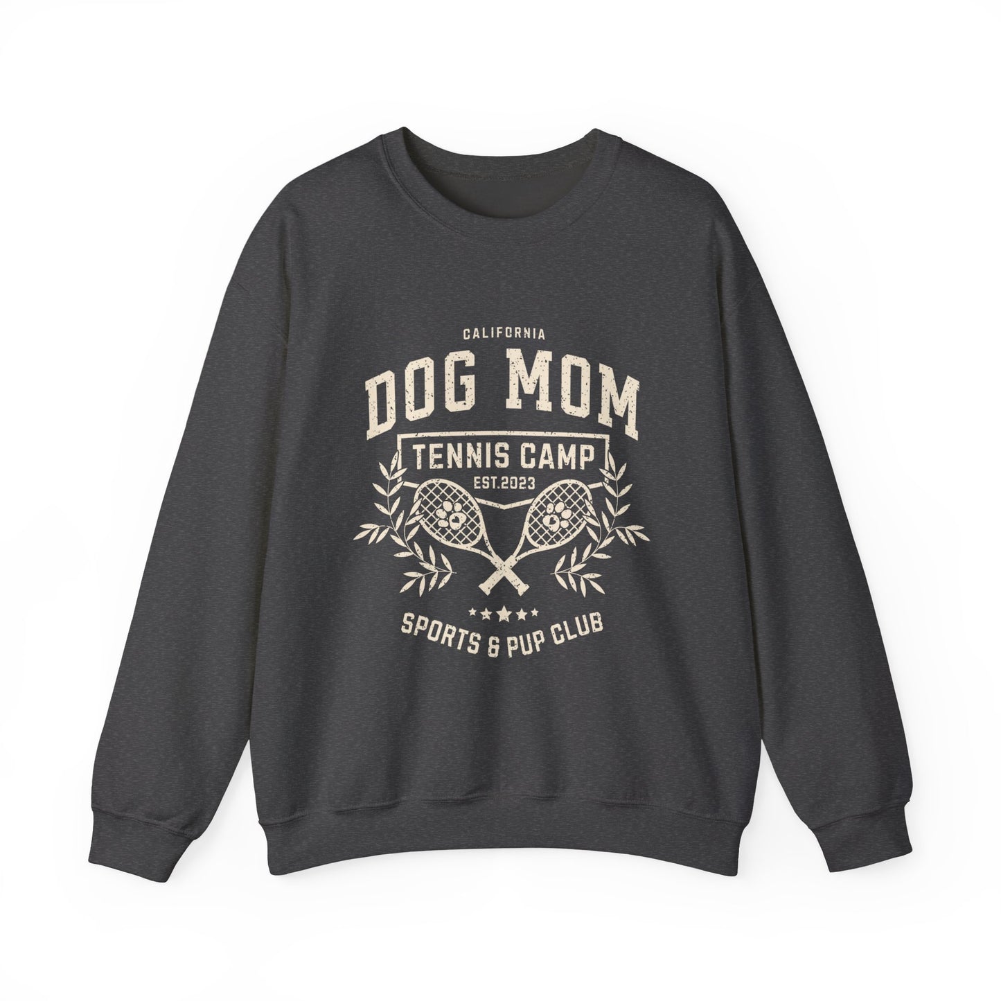 Dark gray sweatshirt with 'Dog Mom Tennis Camp' text and graphics on a white background